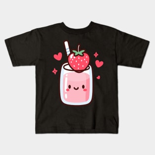 Cute Kawaii Strawberry Milkshake with a Smiley and Hearts | Design for Kawaii Lovers Kids T-Shirt